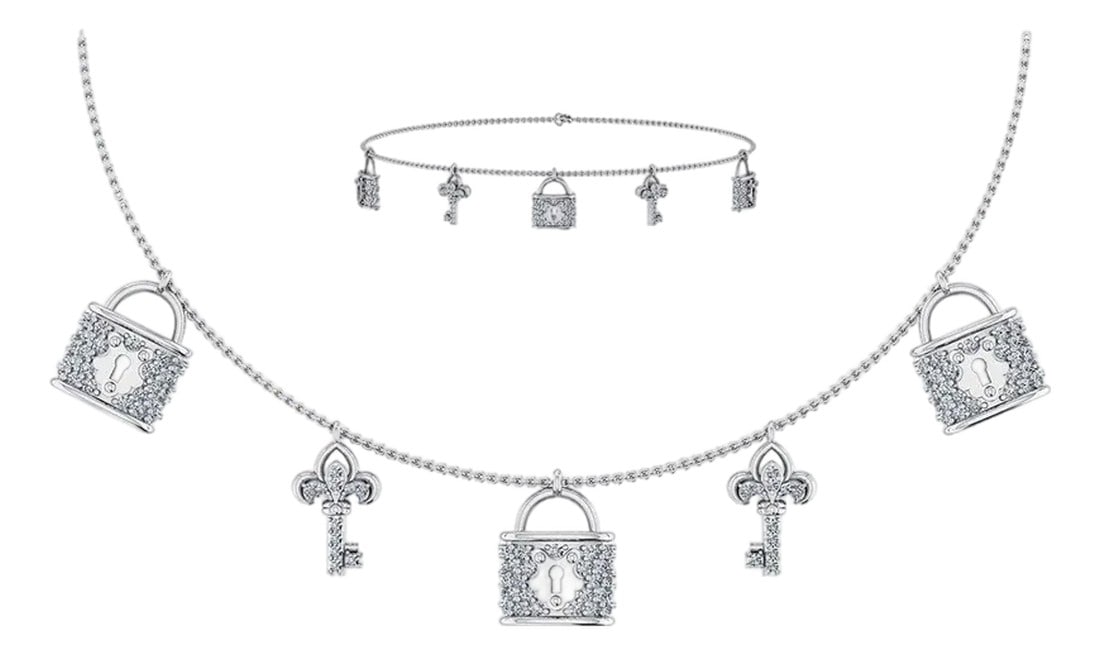 14K White Gold Lock & Key Necklace Bracelet Jewelry Set 5/8 Cttw: 14K White Gold Diamond Lock & Key Charm Necklace & Bracelet Set | 5/8 Cttw A rare chance to bid on this stunning 14K white gold matching jewelry set "” featuring a statement charm necklace and d