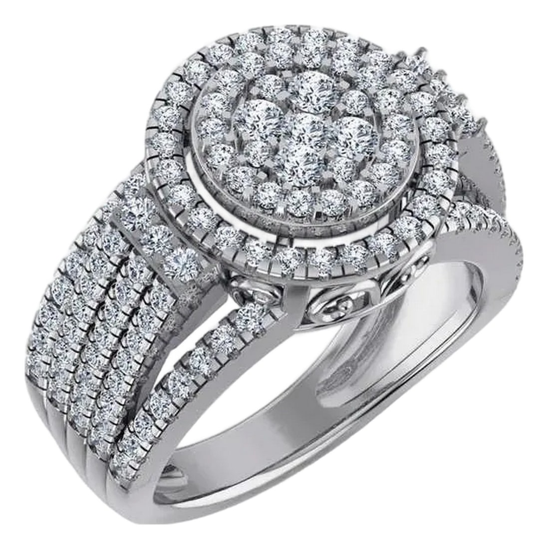 10K White Gold Round Diamond Halo Big Bridal Cluster Ring 1-5/8 Cttw, Size 7: Bid now on this breathtaking 10K white gold double halo cluster ring "” a true bridal showstopper featuring a pavé diamond cluster centre, double diamond halo surround, and a triple-row dia