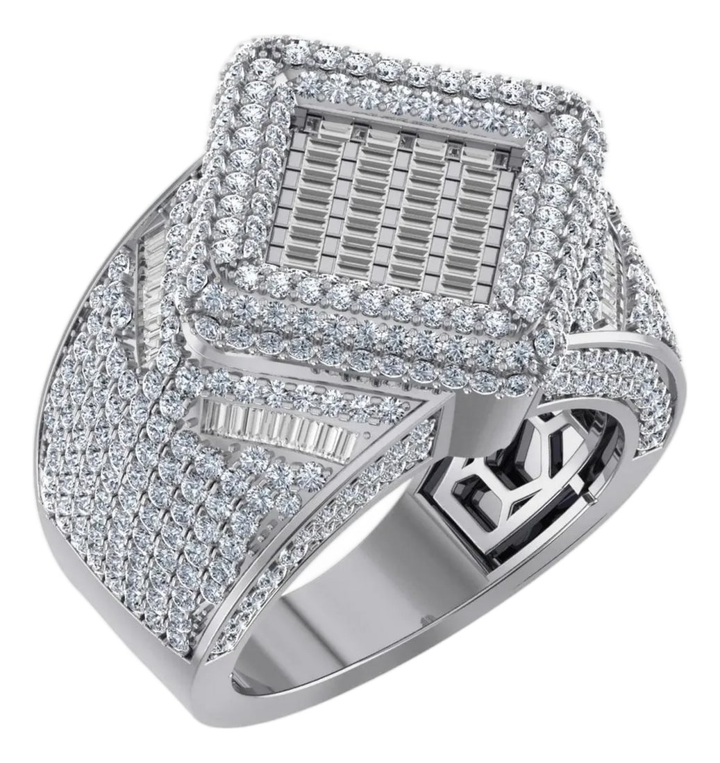 10K White Gold Round Baguette Diamond Designer SZ 10 Mens Ring 4 Cttw: Bid now on this massively impressive 10K white gold men's diamond ring "” fully loaded with 4 cttw of round brilliant and baguette-cut natural diamonds from the pavé shoulders all the way t
