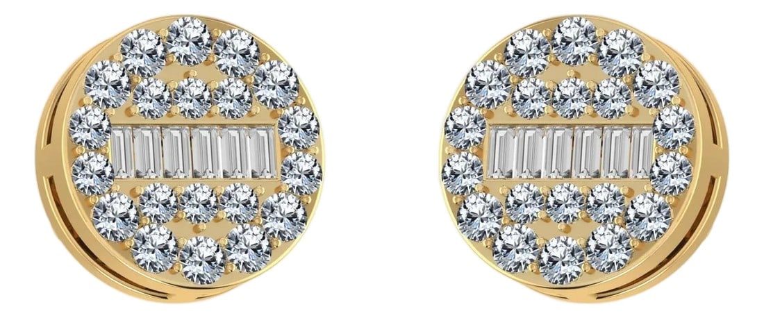 10K Yellow Gold Round Baguette Diamond Cluster Stud Earrings, 3/8 Cttw, A Pair: This 10K Yellow Gold Round Baguette Diamond Cluster Stud Earring 3/8 Cttw is a refined diamond ring crafted in premium yellow gold and set with round brilliant diamonds. Designed for engagements, anni