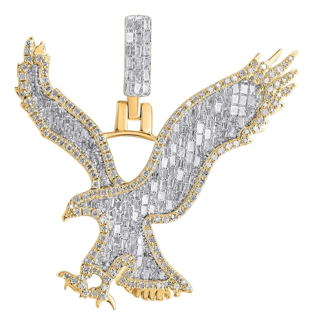 10K Yellow Gold Round Baguette Diamond Eagle Animal Pendant 1-1/5 Cttw: This 10K Yellow Gold Round Baguette Diamond Eagle Animal Pendant 1-1/5 Cttw is a refined diamond necklace crafted in premium rose gold and set with natural diamonds. Designed for layering or