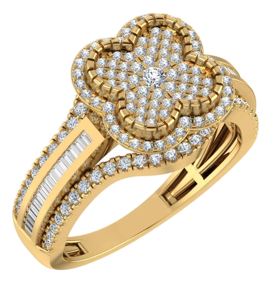 10K Yellow Gold Round Baguette Diamond Floral Designer Ladies Ring 7/8 Cttw, Size 7: This 10K Yellow Gold Round Baguette Diamond Floral Sz 7 Designer Ladies Ring 7/8 Cttw is a refined diamond ring crafted in premium 18K gold and set with round brilliant diamonds. Designed for engageme