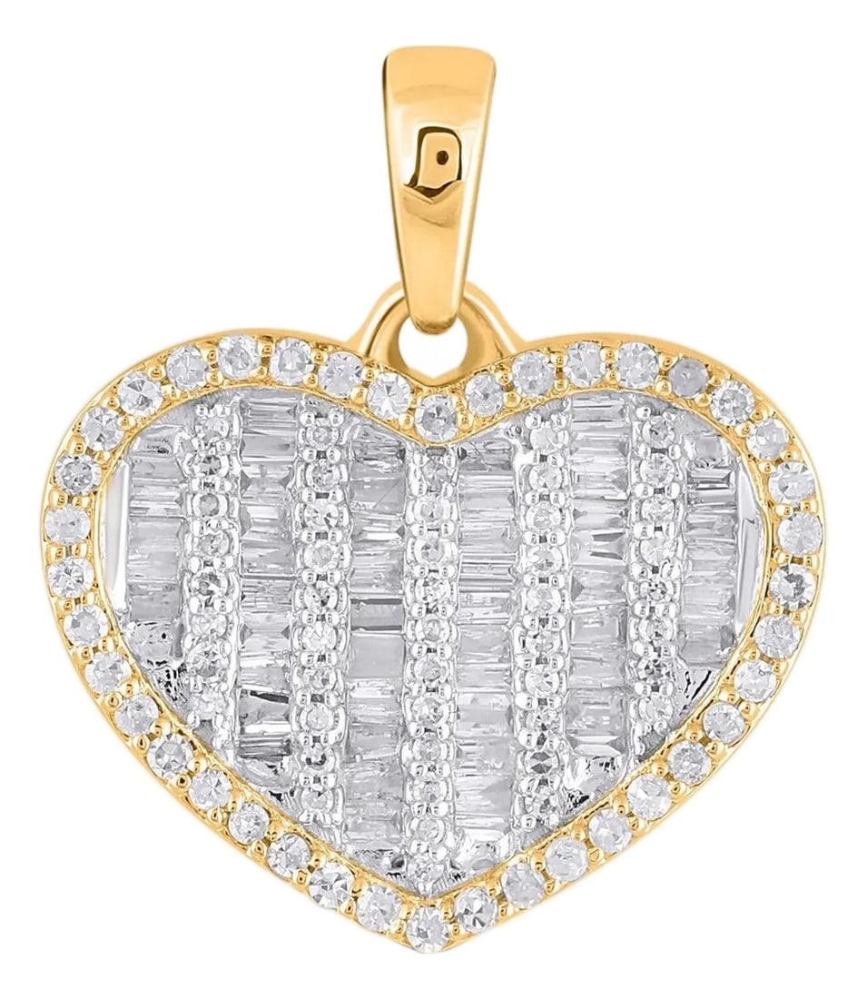 10K Yellow Gold Round Baguette Diamond Heart Pendant 1/2 Cttw: This 10K Yellow Gold Round Baguette Diamond Heart Pendant 1/2 Cttw is a refined diamond necklace crafted in premium 18K gold and set with natural diamonds. Designed for layering or statement wear, it