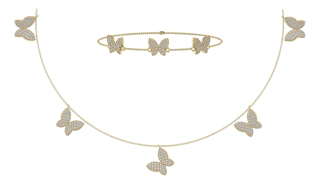 14K Yellow Gold Butterfly Necklace Bracelet Set 1-7/8 Cttw: This 14K Yellow Gold Butterfly Necklace Bracelet Set 1-7/8 Cttw is a refined diamond bracelet crafted in premium white gold and set with brilliant-cut diamonds. Designed for stacking, gifting, or