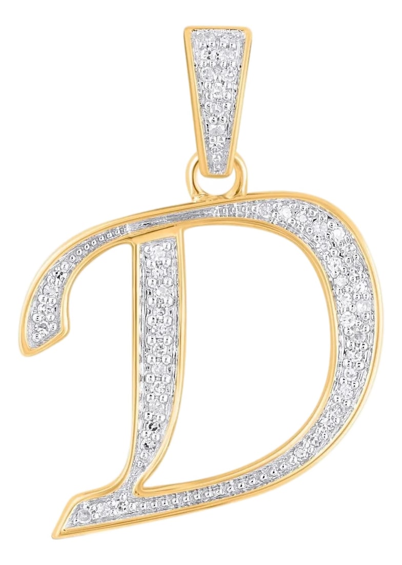 10K Yellow Gold Round Diamond D Letter Initial Pendant 1/10 Cttw: This 10K Yellow Gold Round Diamond D Letter Initial Pendant 1/10 Cttw is a refined diamond necklace crafted in premium 14K gold and set with natural diamonds. Designed for layering or statement wear,