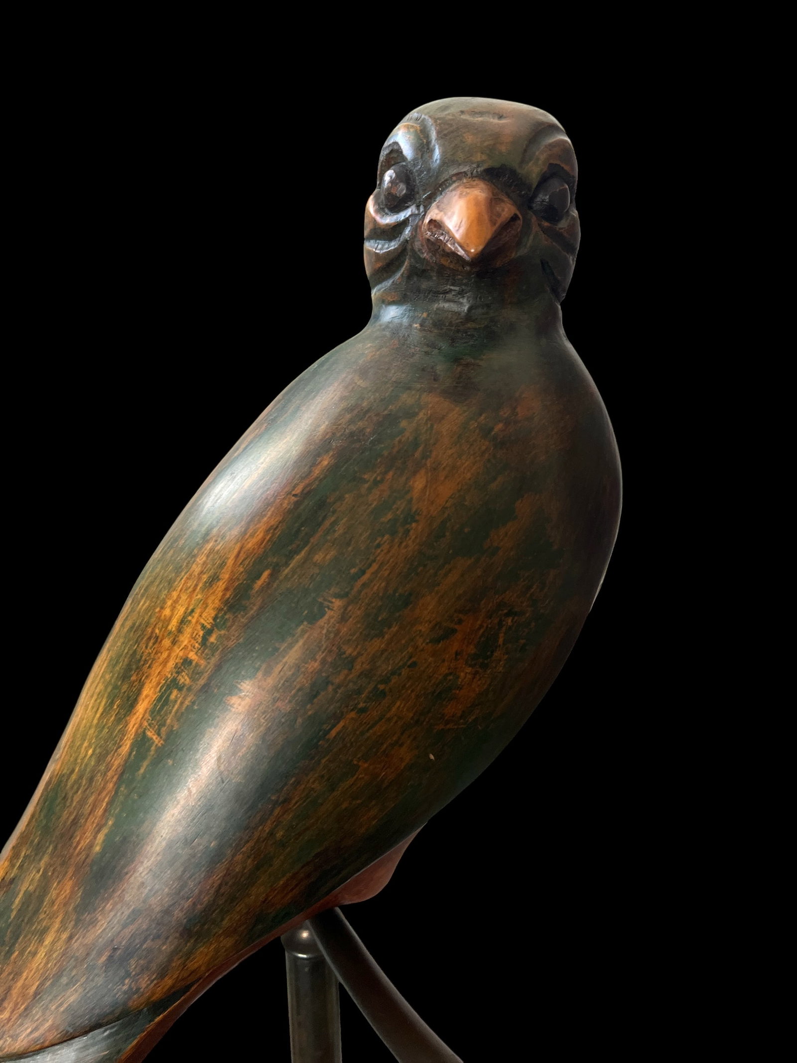 1980s Monumental Hand-Carved Wood Parrot Sculpture on Brass Stand "” 58" Tall - 6