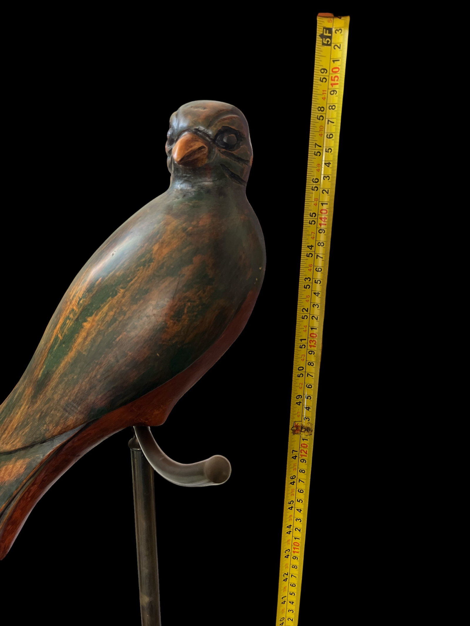 1980s Monumental Hand-Carved Wood Parrot Sculpture on Brass Stand "” 58" Tall - 8
