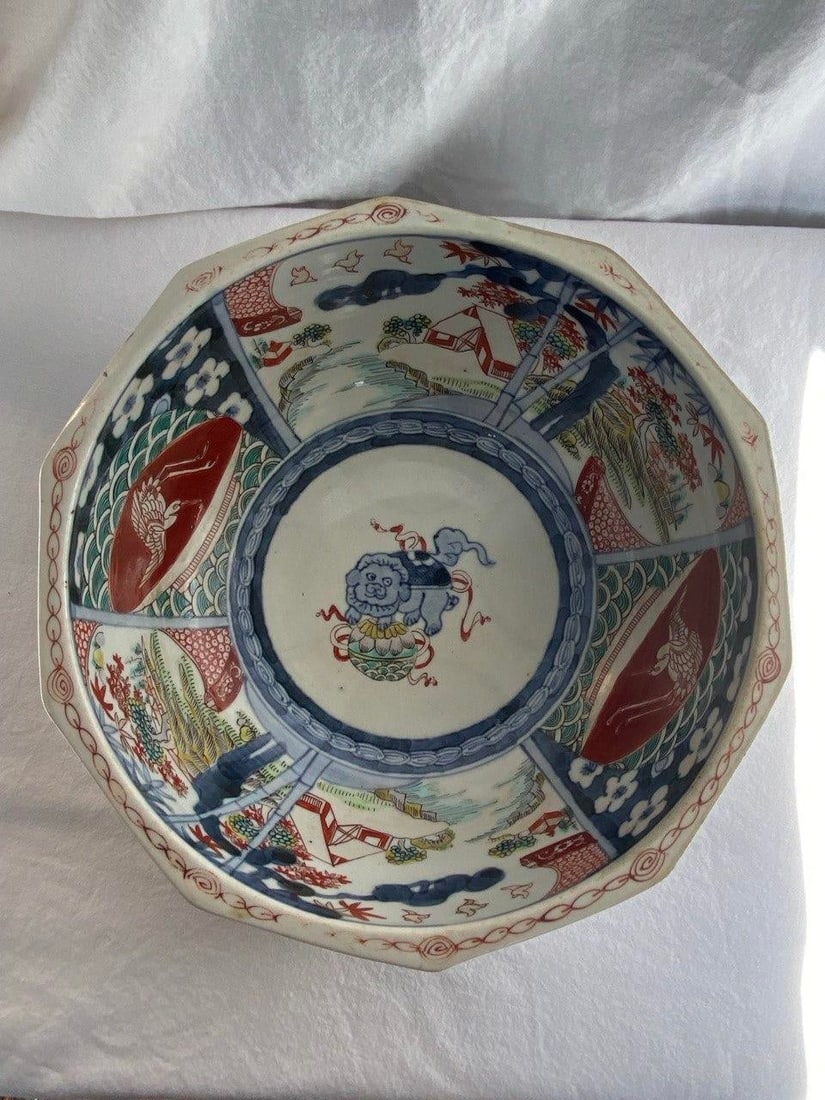 Large 19th Century Japanese Imari Octagonal Bowl With Karashishi & Landscape Panels - 15