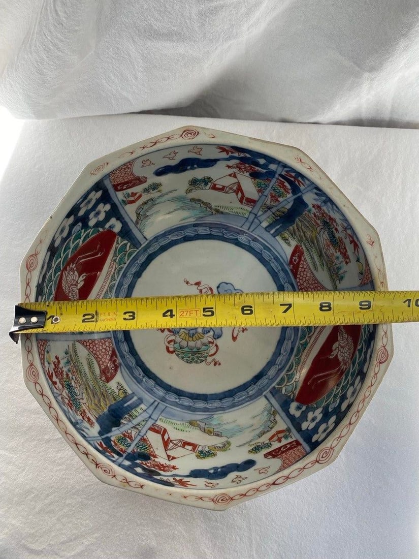 Large 19th Century Japanese Imari Octagonal Bowl With Karashishi & Landscape Panels - 17