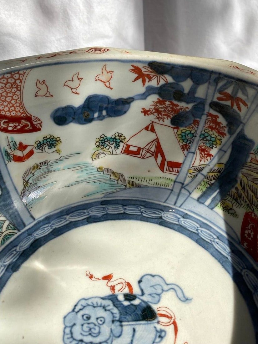 Large 19th Century Japanese Imari Octagonal Bowl With Karashishi & Landscape Panels - 5
