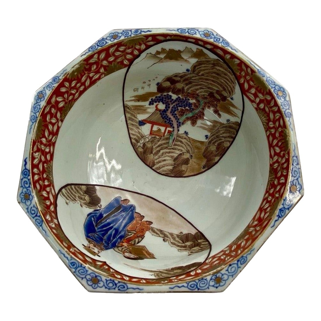 Late 19th Century Chinese Octagonal Scholar's Bowl With Figural Cartouches: An architectural and deeply literate example of late Qing porcelain, this octagonal bowl balances geometry and narrative with quiet authority. The faceted form creates a rhythmic exterior of