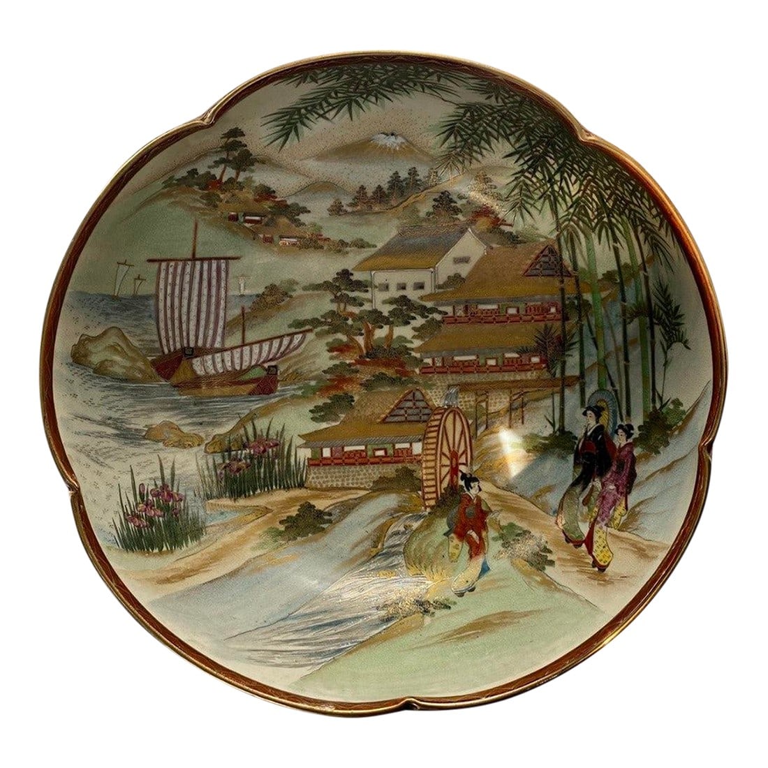Large Antique Japanese Satsuma Scenic Bowl With Scalloped Rim – Autumn Landscape, Figures &: There are bowls"¦ and then there are landscapes you can step into. This exceptional large Japanese Satsuma bowl unfolds like a painted scroll across porcelain. The softly scalloped rim frames a