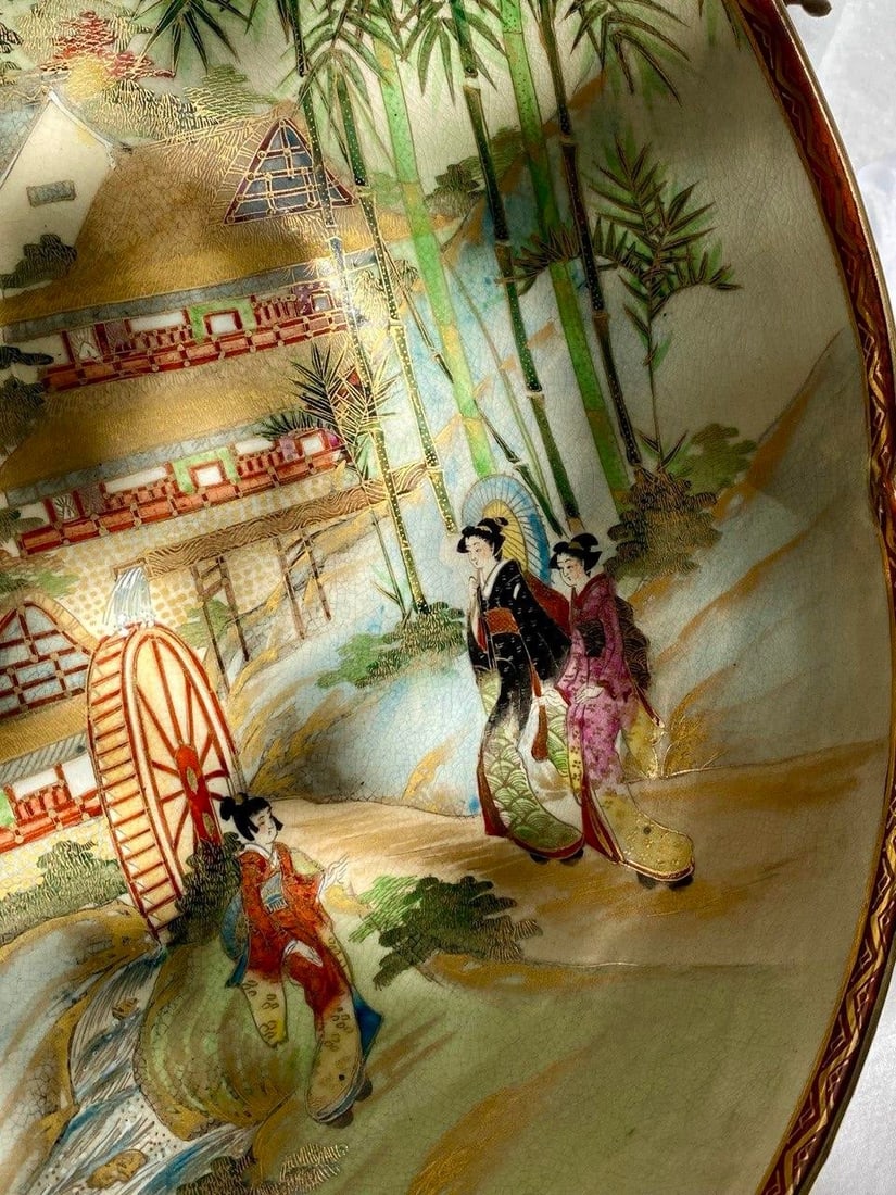 Large Antique Japanese Satsuma Scenic Bowl With Scalloped Rim – Autumn Landscape, Figures & - 7