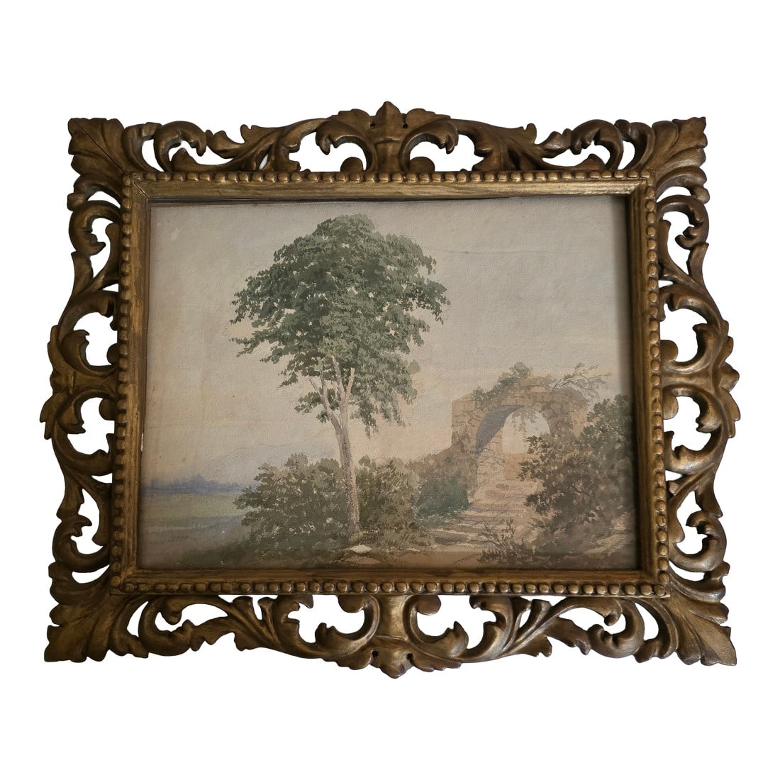 Vintage Italian Watercolor in Antique Giltwood Frame: Beautiful antique Italian watercolor landscape in giltwood frame. Condition: Alterations: Original Design Modified Imperfections: Some Imperfections Condition Notes: The watercolor has imperfections..