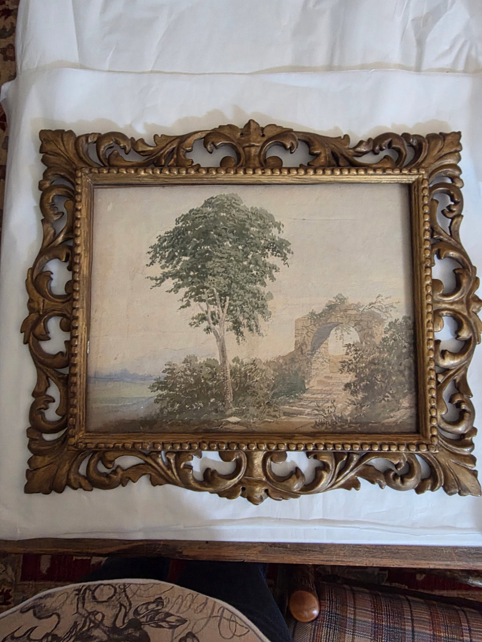 Vintage Italian Watercolor in Antique Giltwood Frame - 2