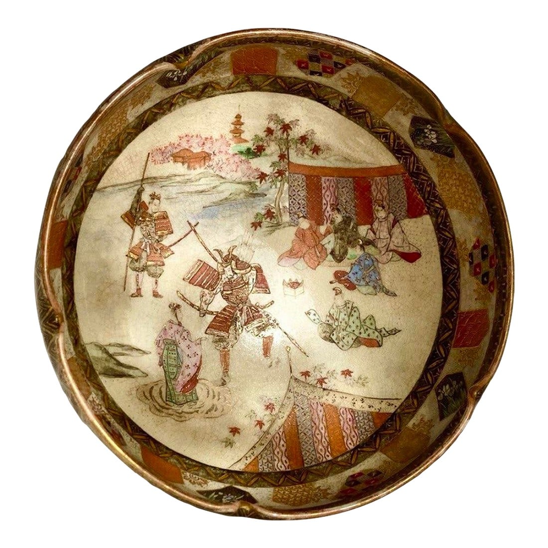 Antique Japanese Satsuma Bowl, Meiji Period (C. 1885–1905), Samurai Scene With Moriage Gilt: This finely detailed Japanese Satsuma bowl dates to the late Meiji period (circa 1885–1905), a time when Kyoto workshops produced richly narrative export ceramics for Western collectors.