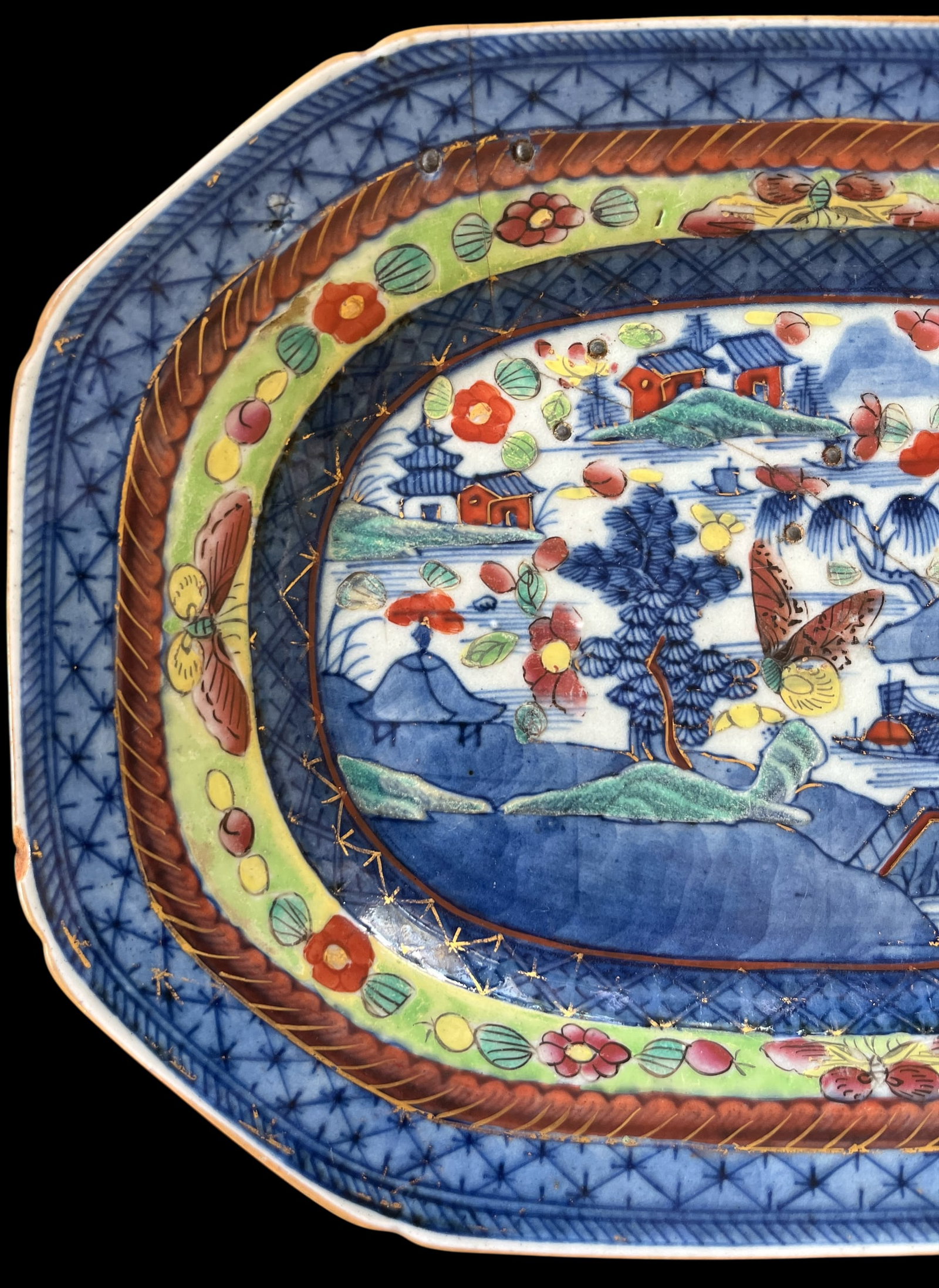 19th C Japanese Imari Porcelain Plater Featuring Pagodas, Moths, and Junk Ships With Historic Staple - 2