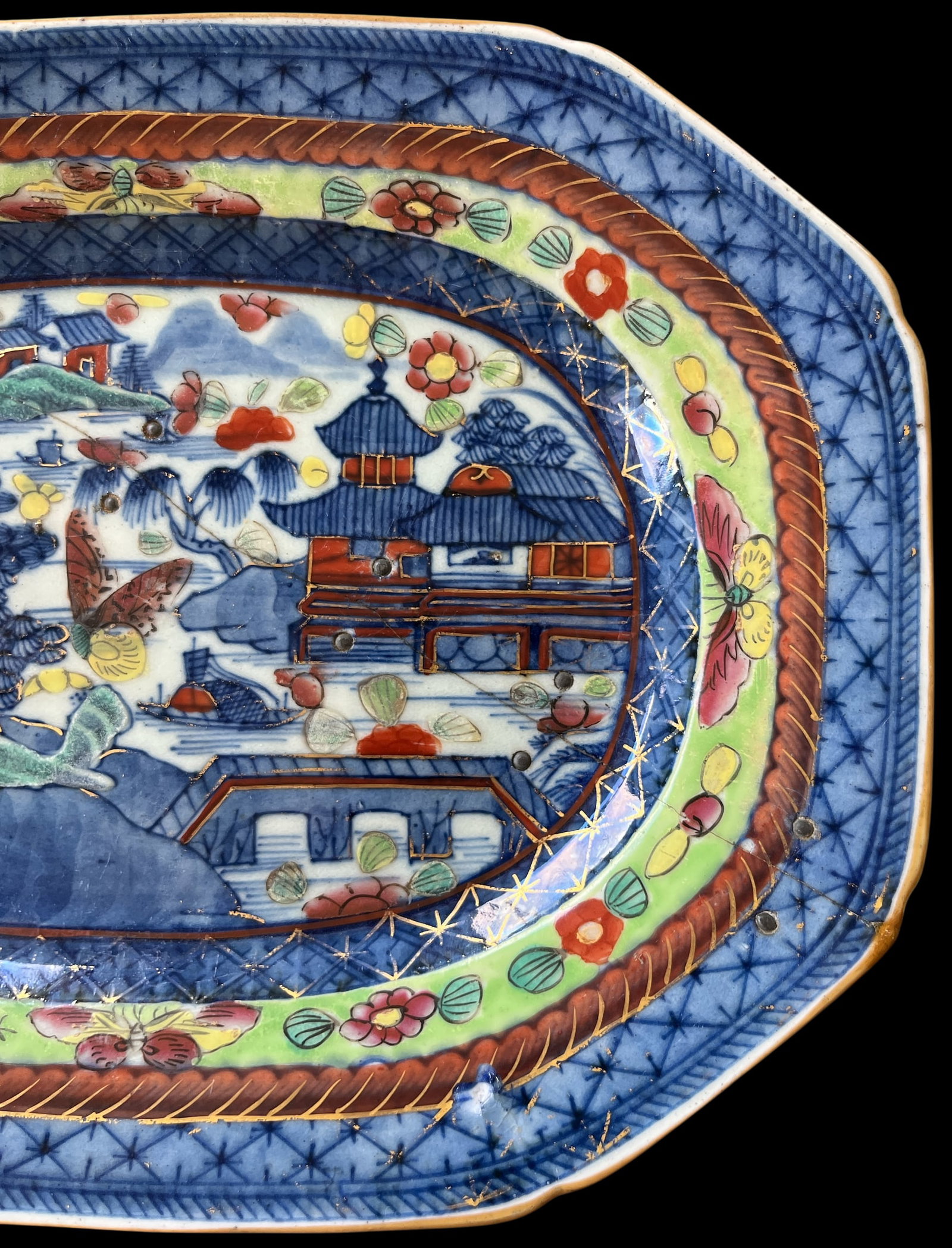 19th C Japanese Imari Porcelain Plater Featuring Pagodas, Moths, and Junk Ships With Historic Staple - 3