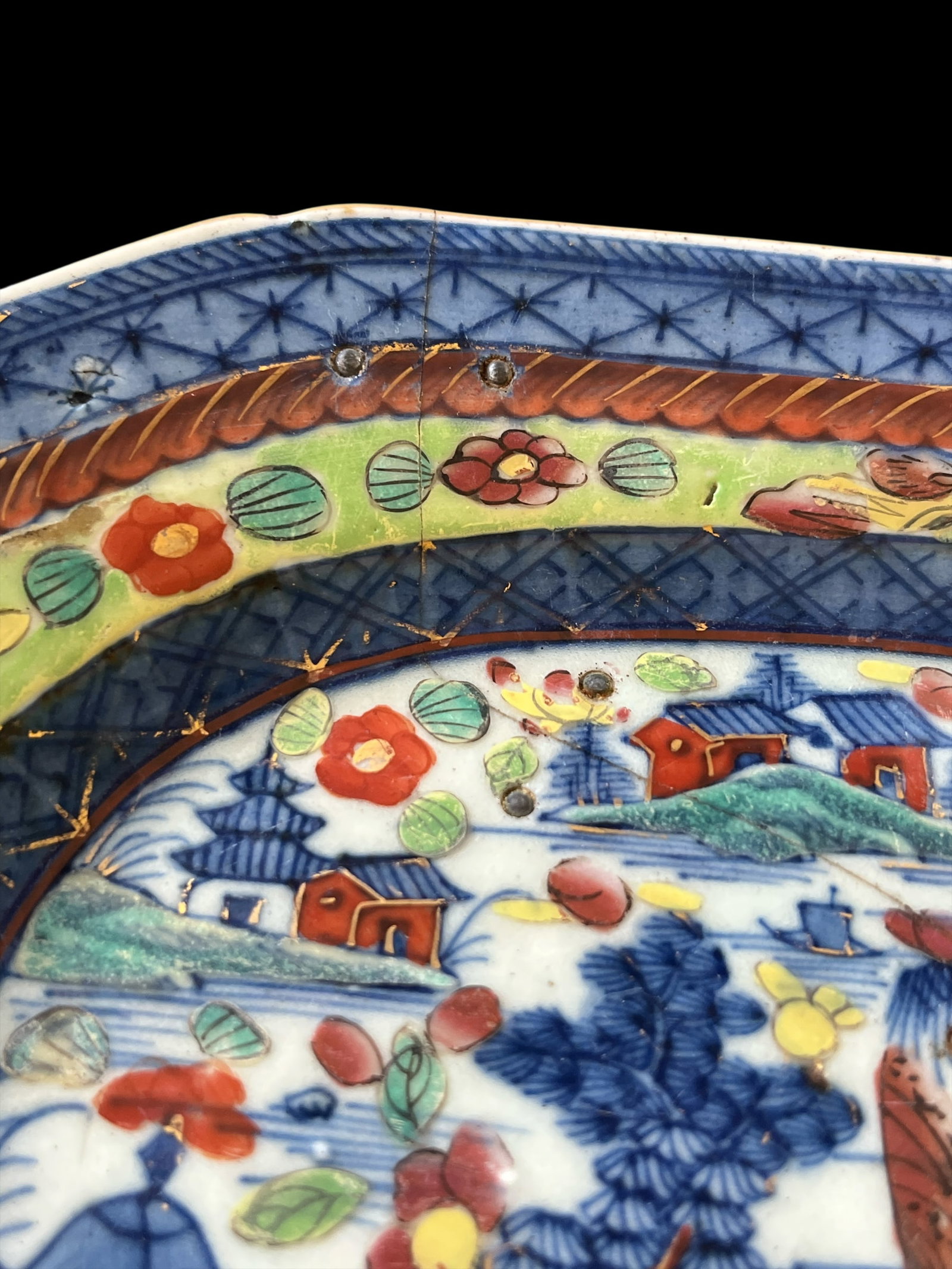 19th C Japanese Imari Porcelain Plater Featuring Pagodas, Moths, and Junk Ships With Historic Staple - 4
