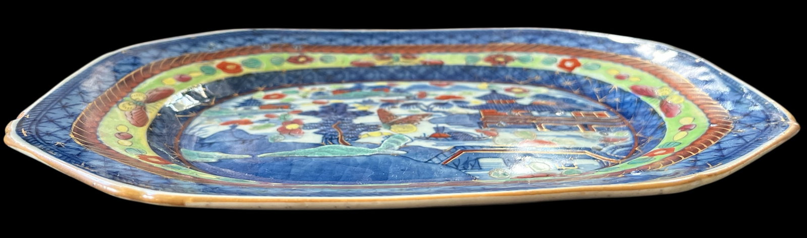 19th C Japanese Imari Porcelain Plater Featuring Pagodas, Moths, and Junk Ships With Historic Staple - 5