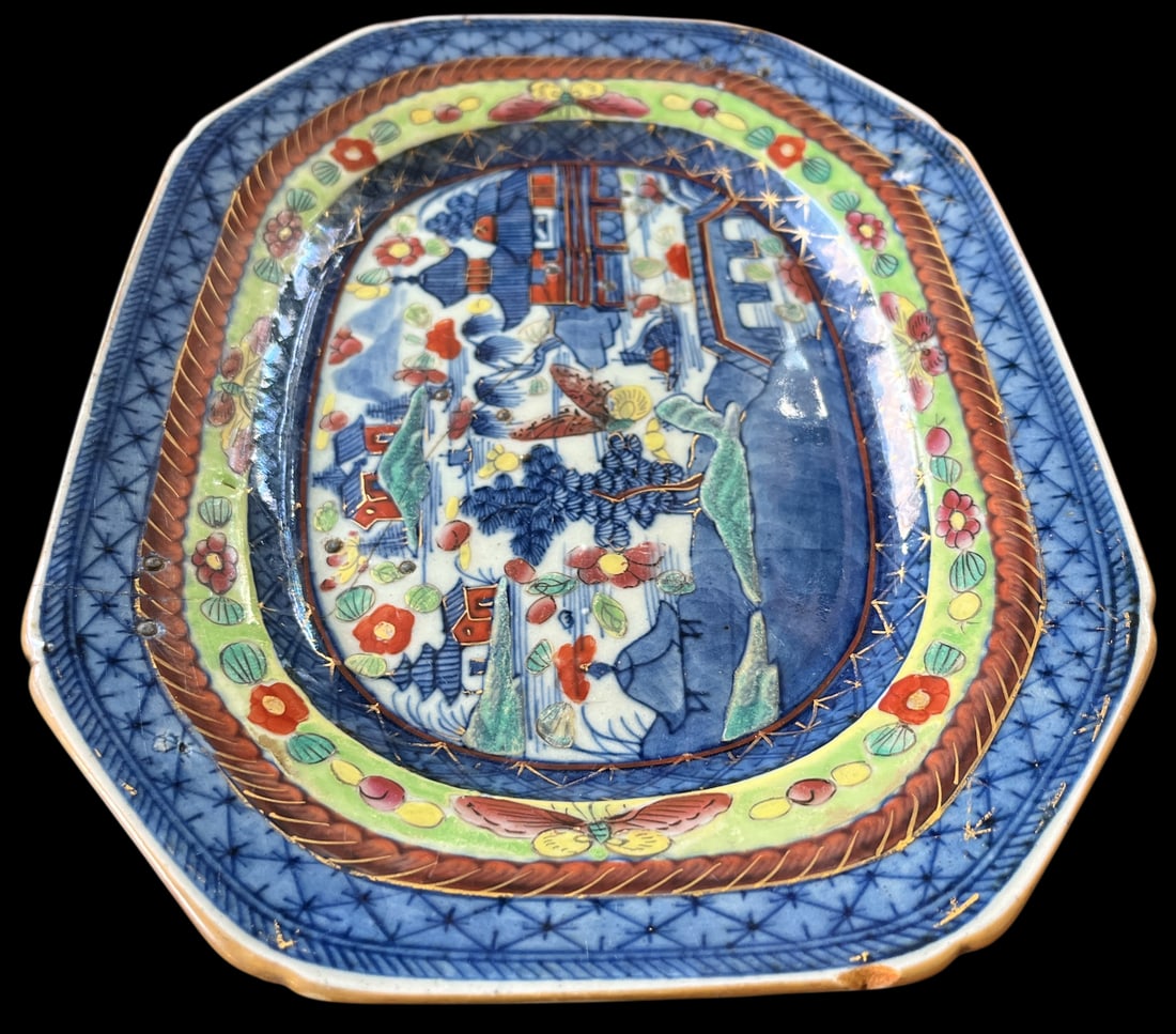 19th C Japanese Imari Porcelain Plater Featuring Pagodas, Moths, and Junk Ships With Historic Staple - 6
