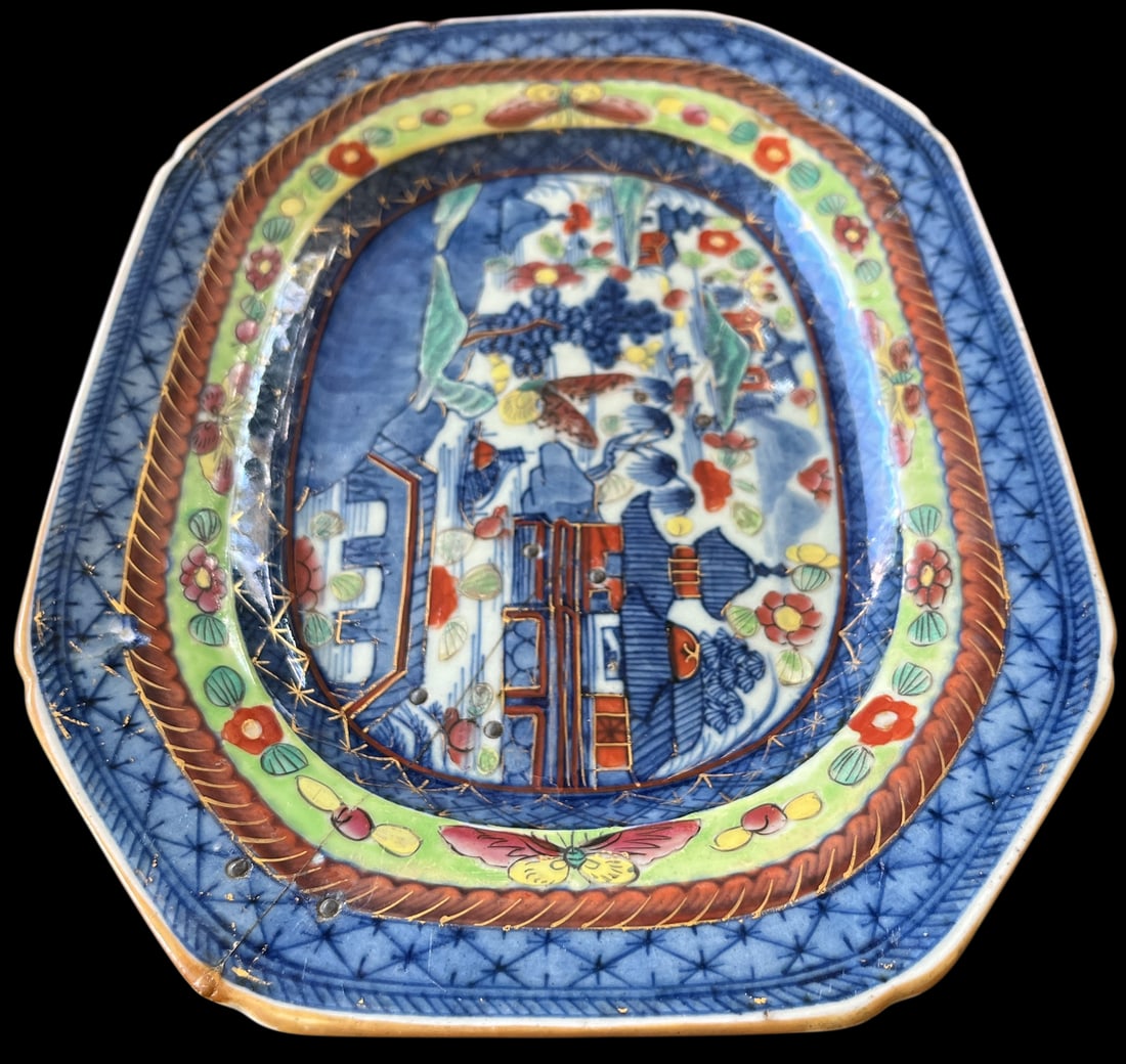19th C Japanese Imari Porcelain Plater Featuring Pagodas, Moths, and Junk Ships With Historic Staple - 7