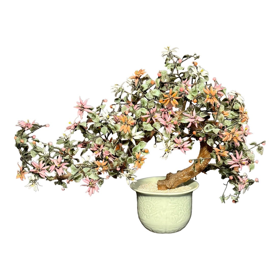 Large Vintage Chrysanthemum Hardstone Flower Bonsai Tree in Celadon Pot: This exquisite Chinese Republic jade, glass, and hardstone flower bonsai tree is a stunning example of mid-20th century craftsmanship. Known as Ming Trees, these pieces are celebrated for their