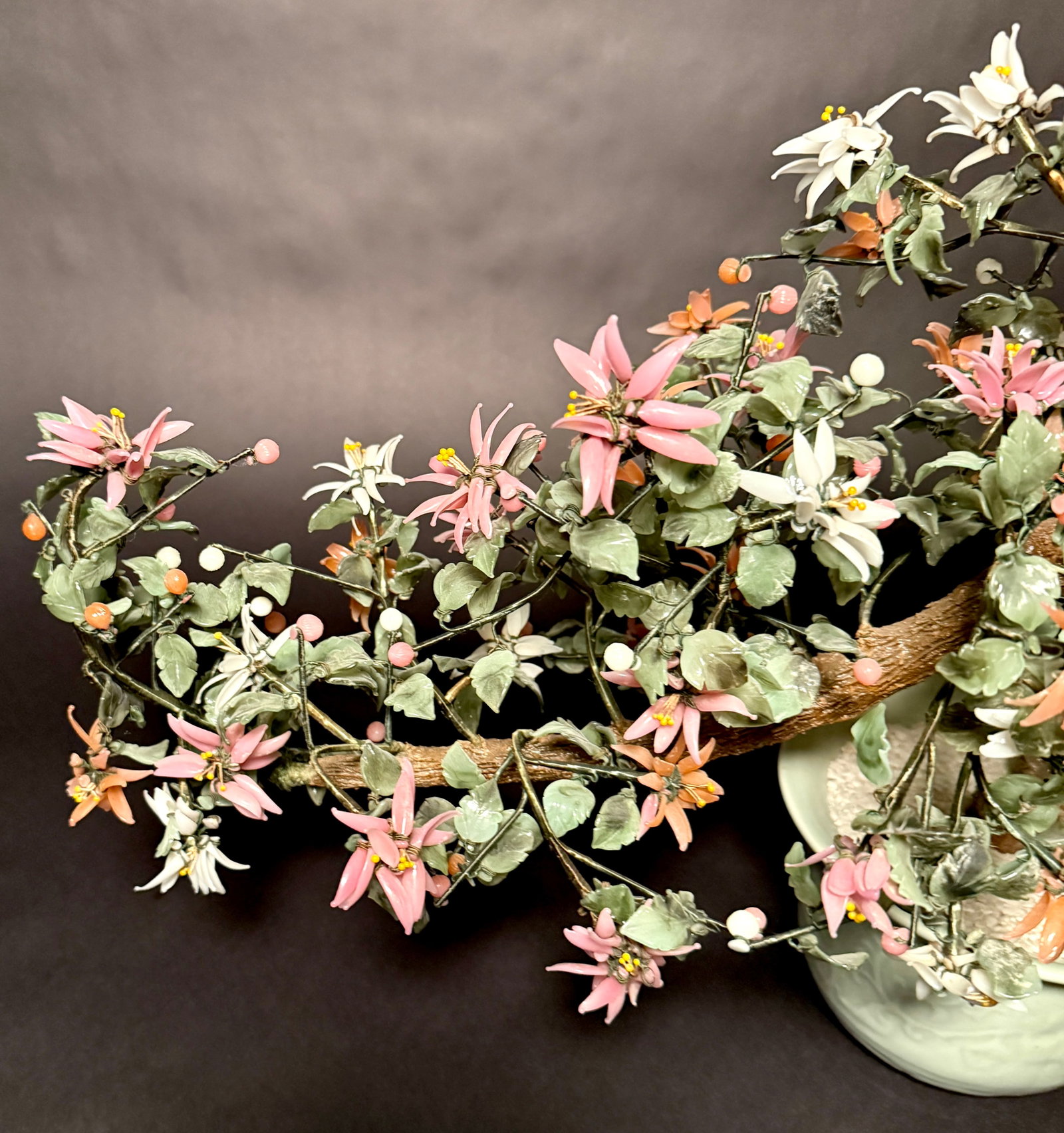 Large Vintage Chrysanthemum Hardstone Flower Bonsai Tree in Celadon Pot - 2