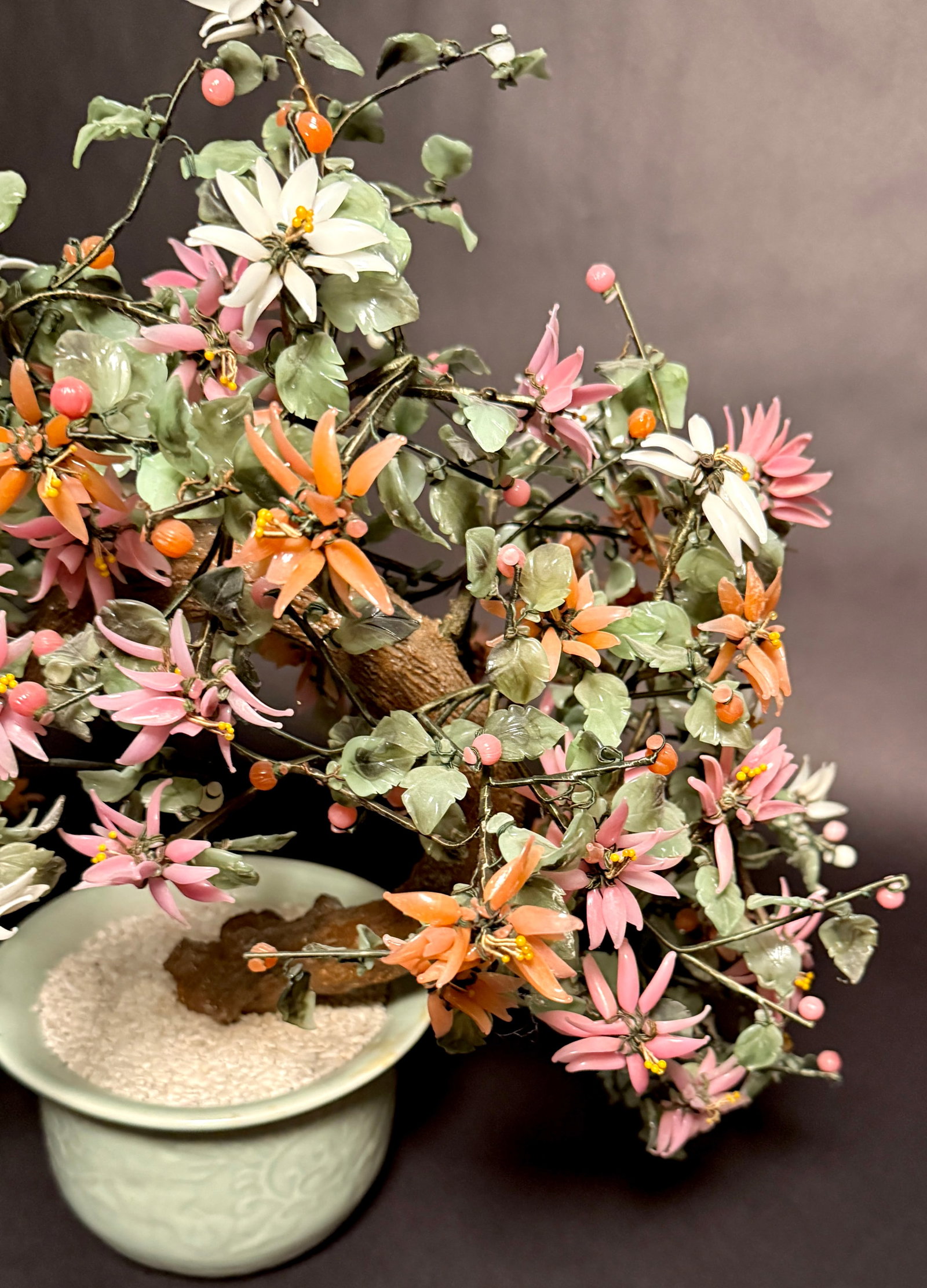 Large Vintage Chrysanthemum Hardstone Flower Bonsai Tree in Celadon Pot - 4