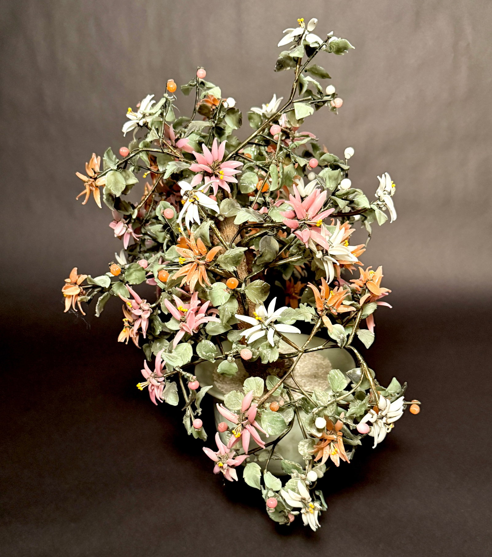 Large Vintage Chrysanthemum Hardstone Flower Bonsai Tree in Celadon Pot - 5