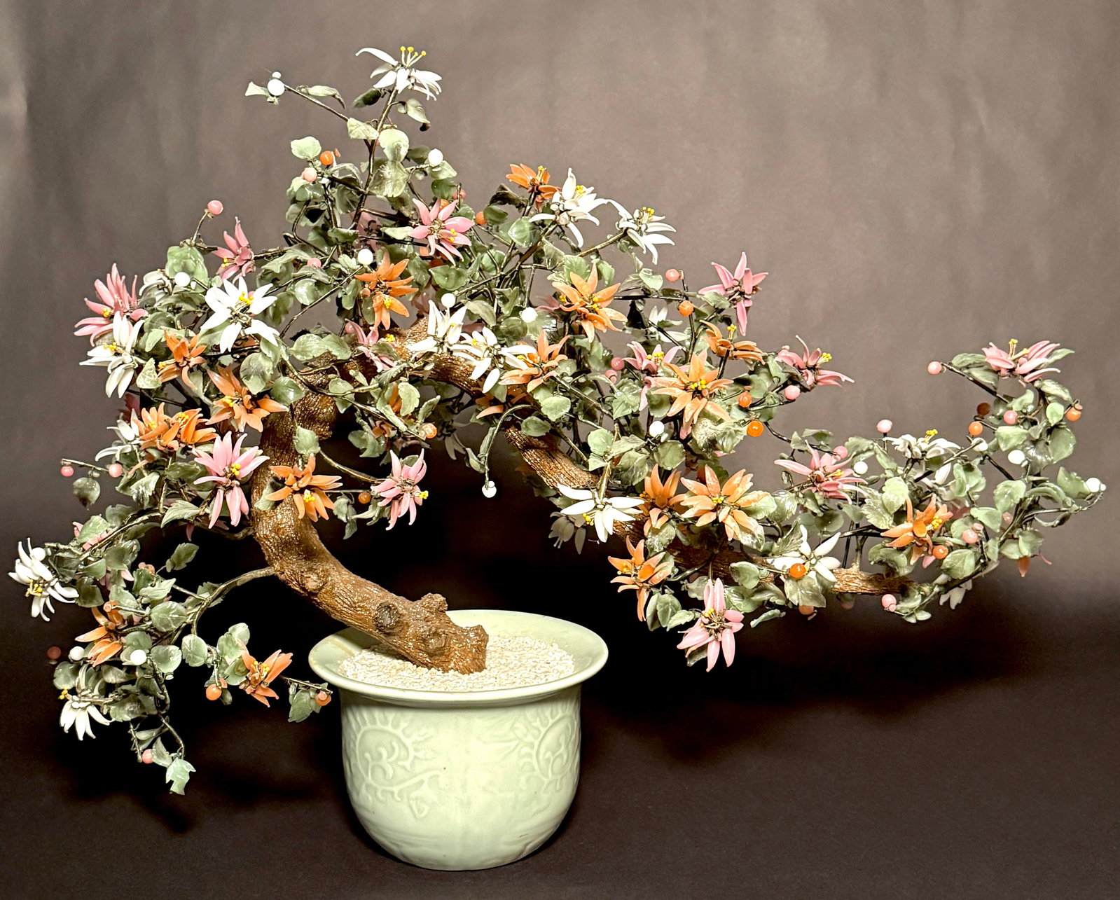 Large Vintage Chrysanthemum Hardstone Flower Bonsai Tree in Celadon Pot - 6