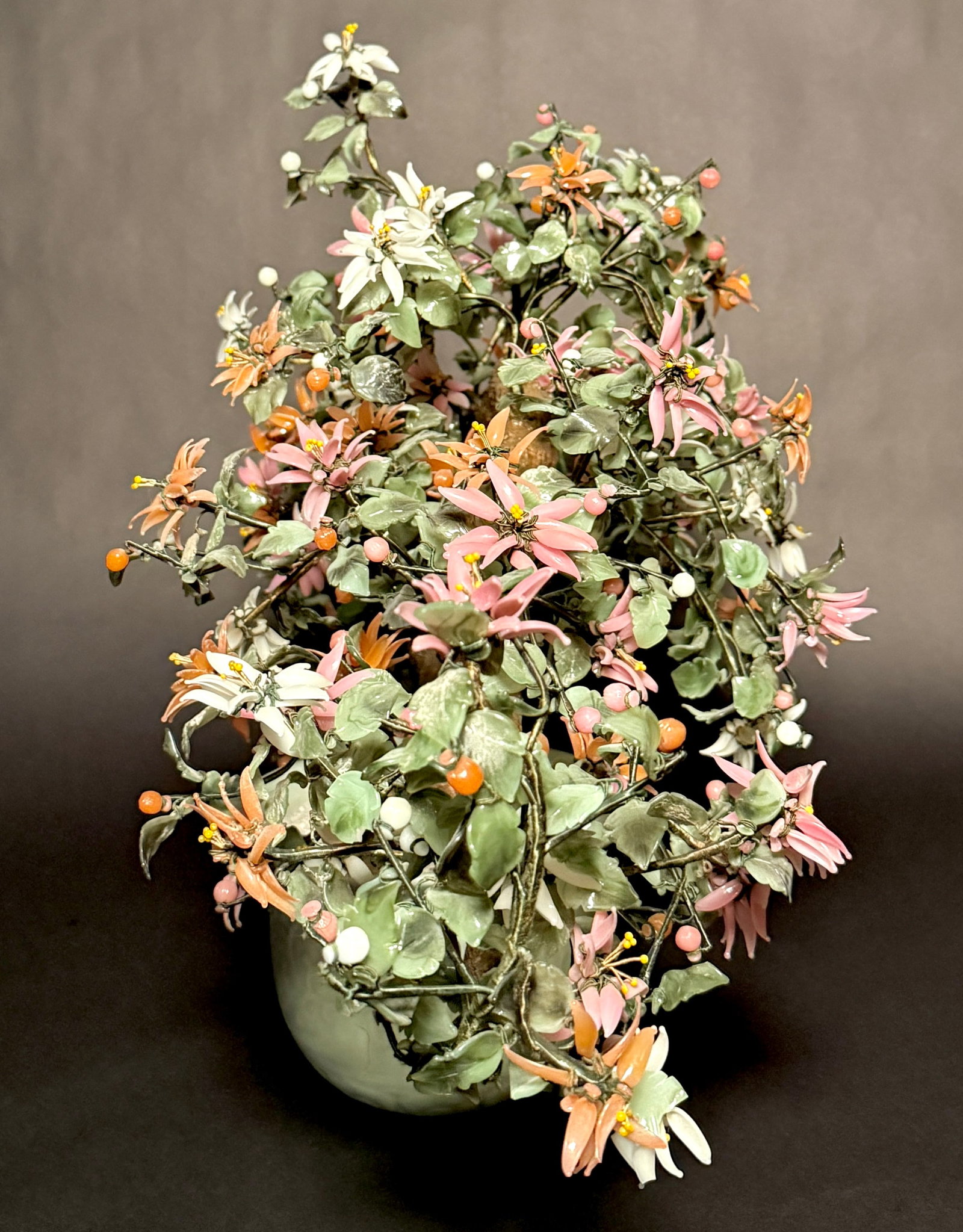 Large Vintage Chrysanthemum Hardstone Flower Bonsai Tree in Celadon Pot - 7