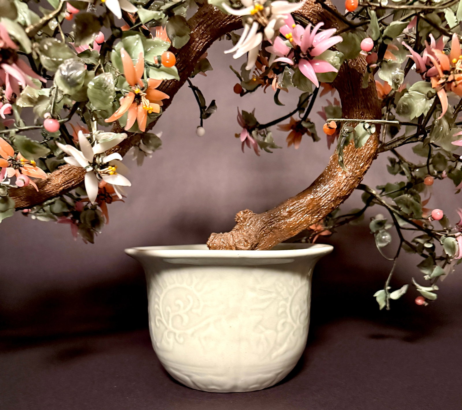 Large Vintage Chrysanthemum Hardstone Flower Bonsai Tree in Celadon Pot - 8