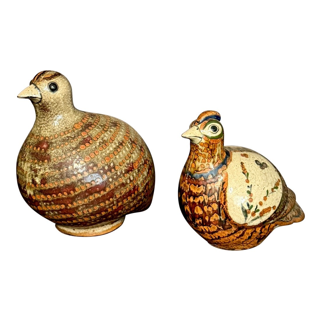 Set of Two Jorge Wilmot Ceramic Quail, TonalÃ¡, Mexico: A charming set of two handcrafted ceramic quail by renowned Mexican ceramicist Jorge Wilmot, celebrated for his innovative fusion of traditional Mexican folk pottery and refined high-fire studio