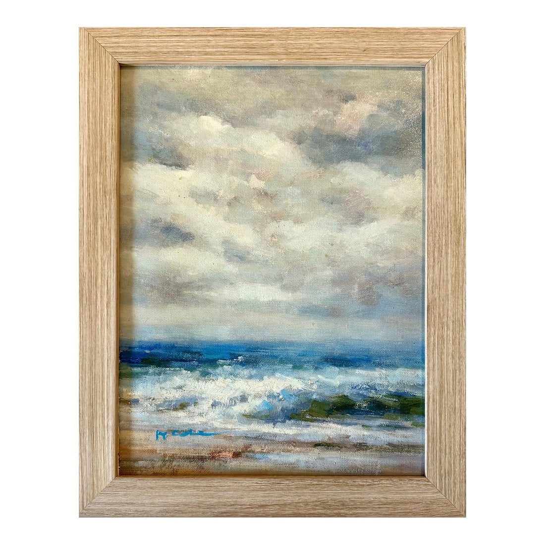 Seascape Ocean Waves Dramatic Stormy Impressionist Coastal Original Oil Painting by H. Cole: Original oil painting of a dramatic coastal scene under brooding, cloud-filled skies. Signed by the talented artist H. Cole in the lower right corner, circa 2024. Custom framed in a natural