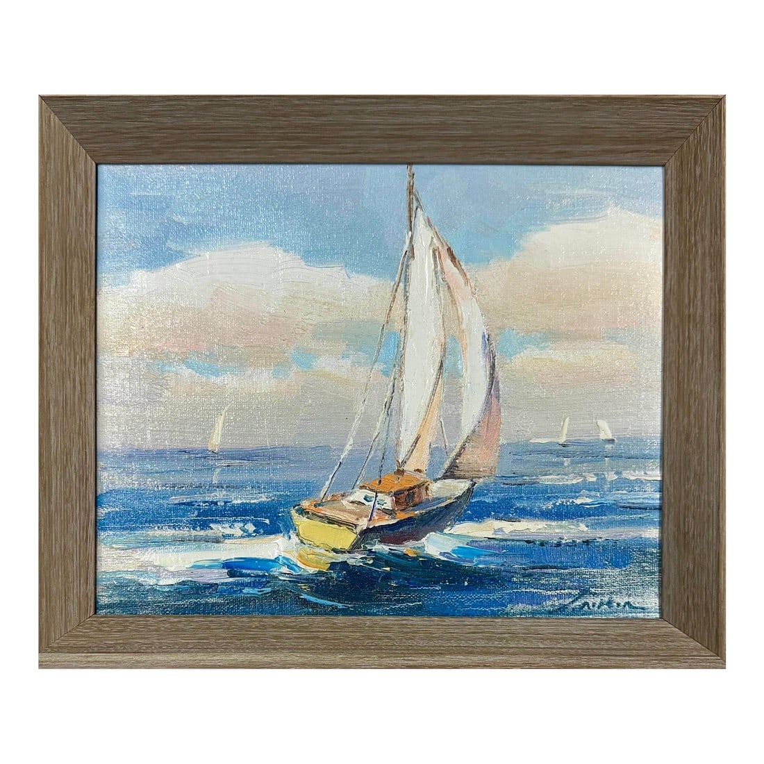 Sailboat Seascape Waves Original Oil on Canvas, by Alton (Framed): An original oil on canvas of a single sailboat cutting through open blue water beneath a billowing sky. Painted with loose, confident brushwork in the impressionist tradition, the composition