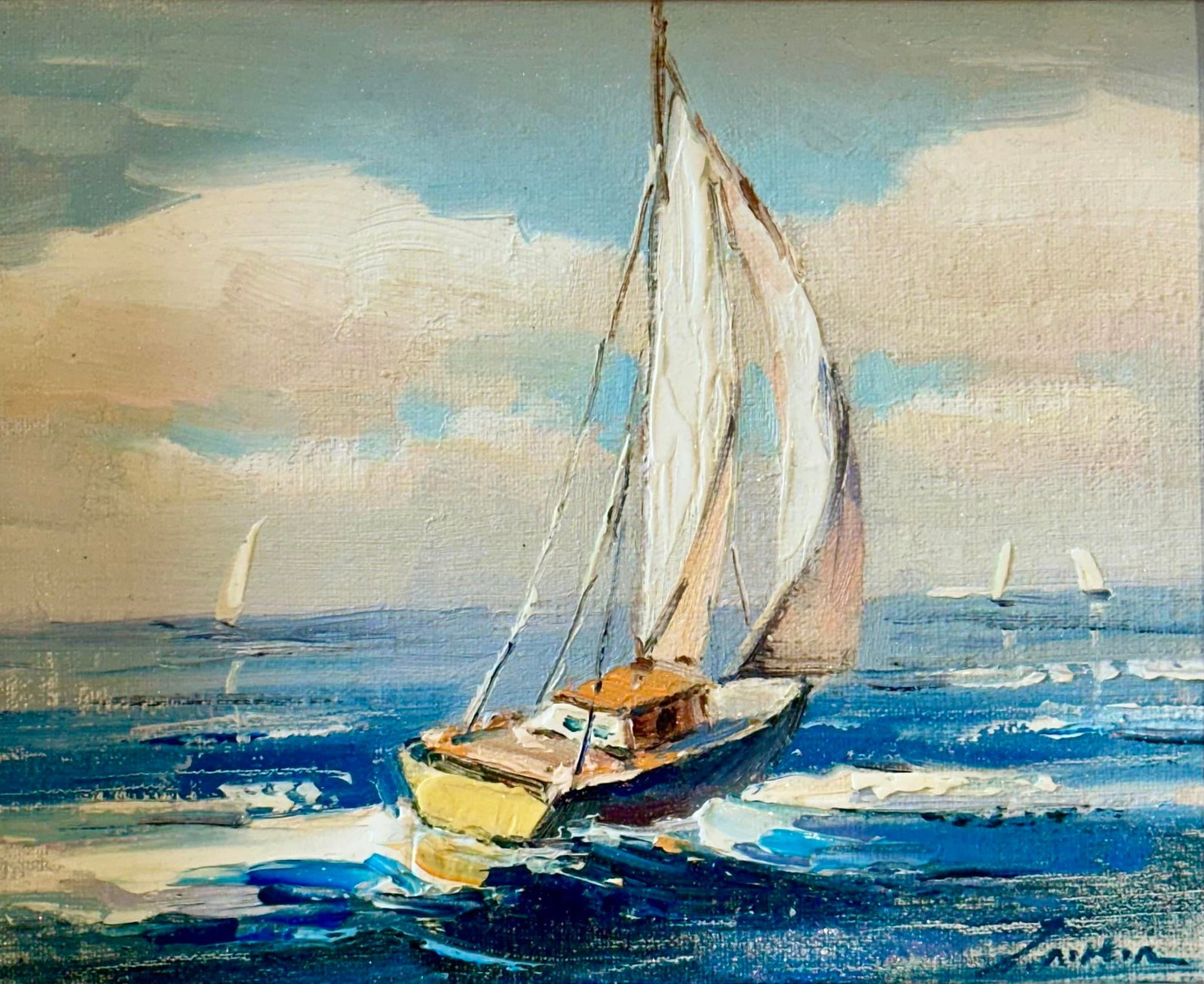 Sailboat Seascape Waves Original Oil on Canvas, by Alton (Framed) - 2