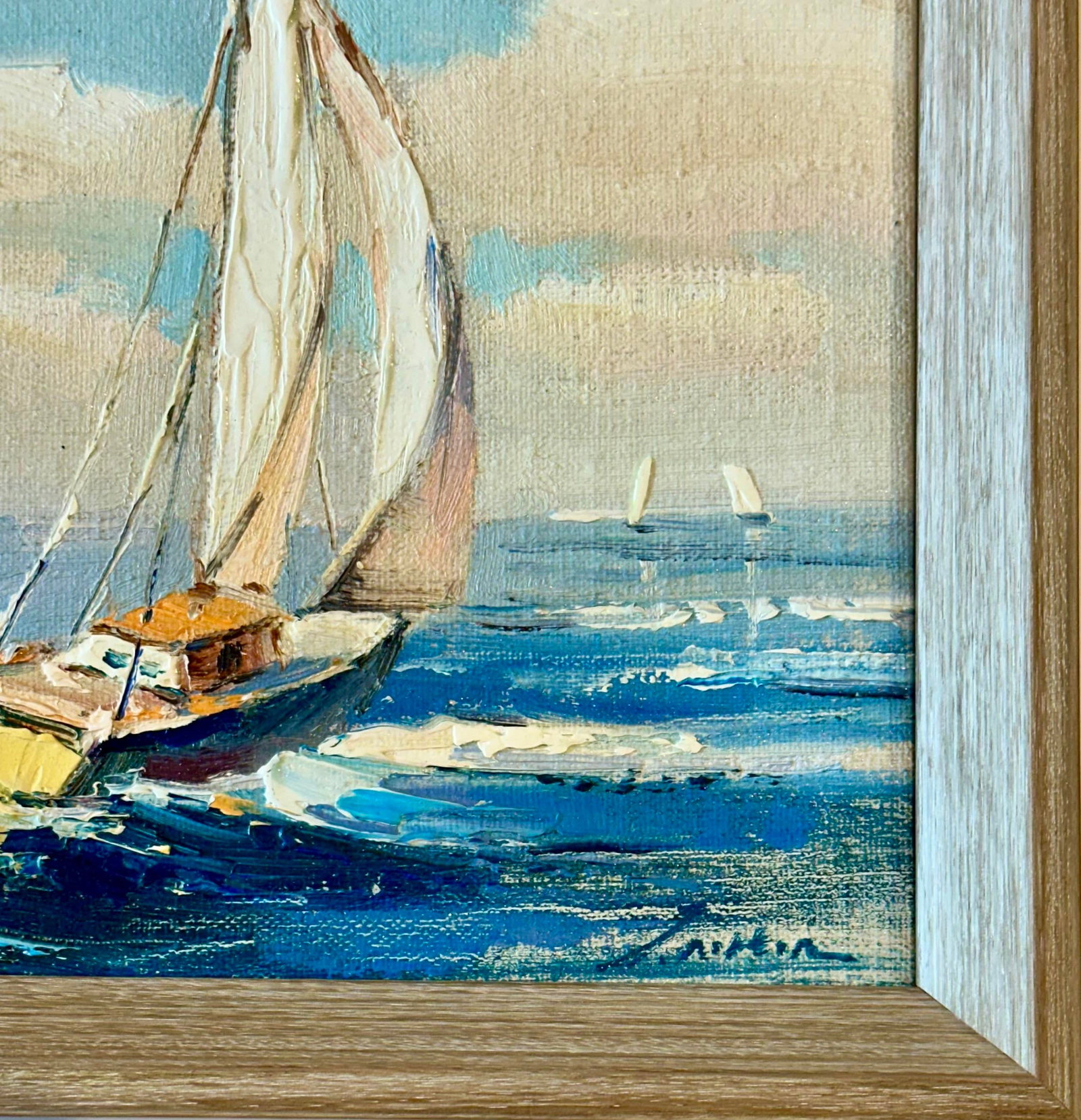Sailboat Seascape Waves Original Oil on Canvas, by Alton (Framed) - 5