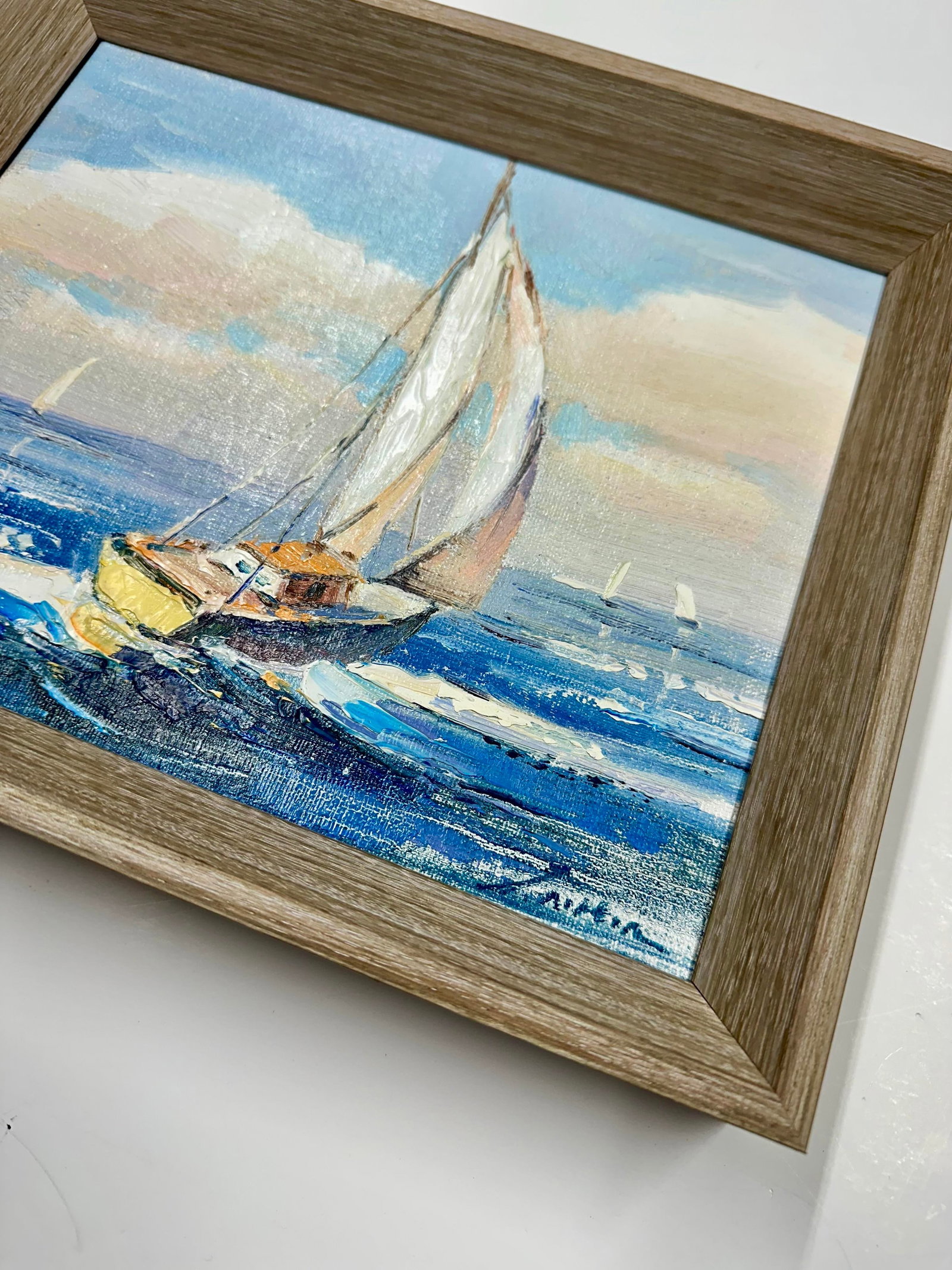 Sailboat Seascape Waves Original Oil on Canvas, by Alton (Framed) - 6