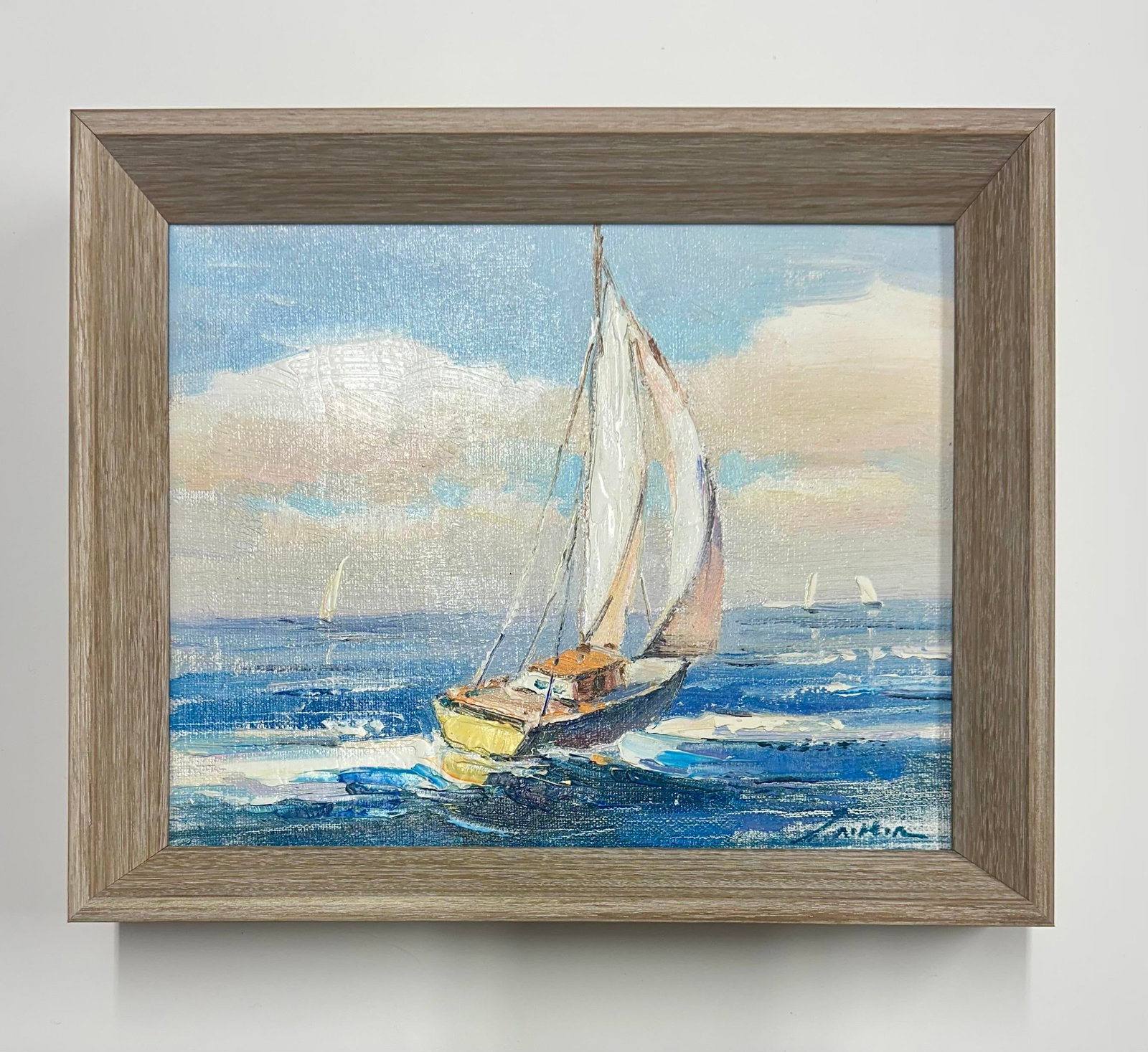 Sailboat Seascape Waves Original Oil on Canvas, by Alton (Framed) - 7