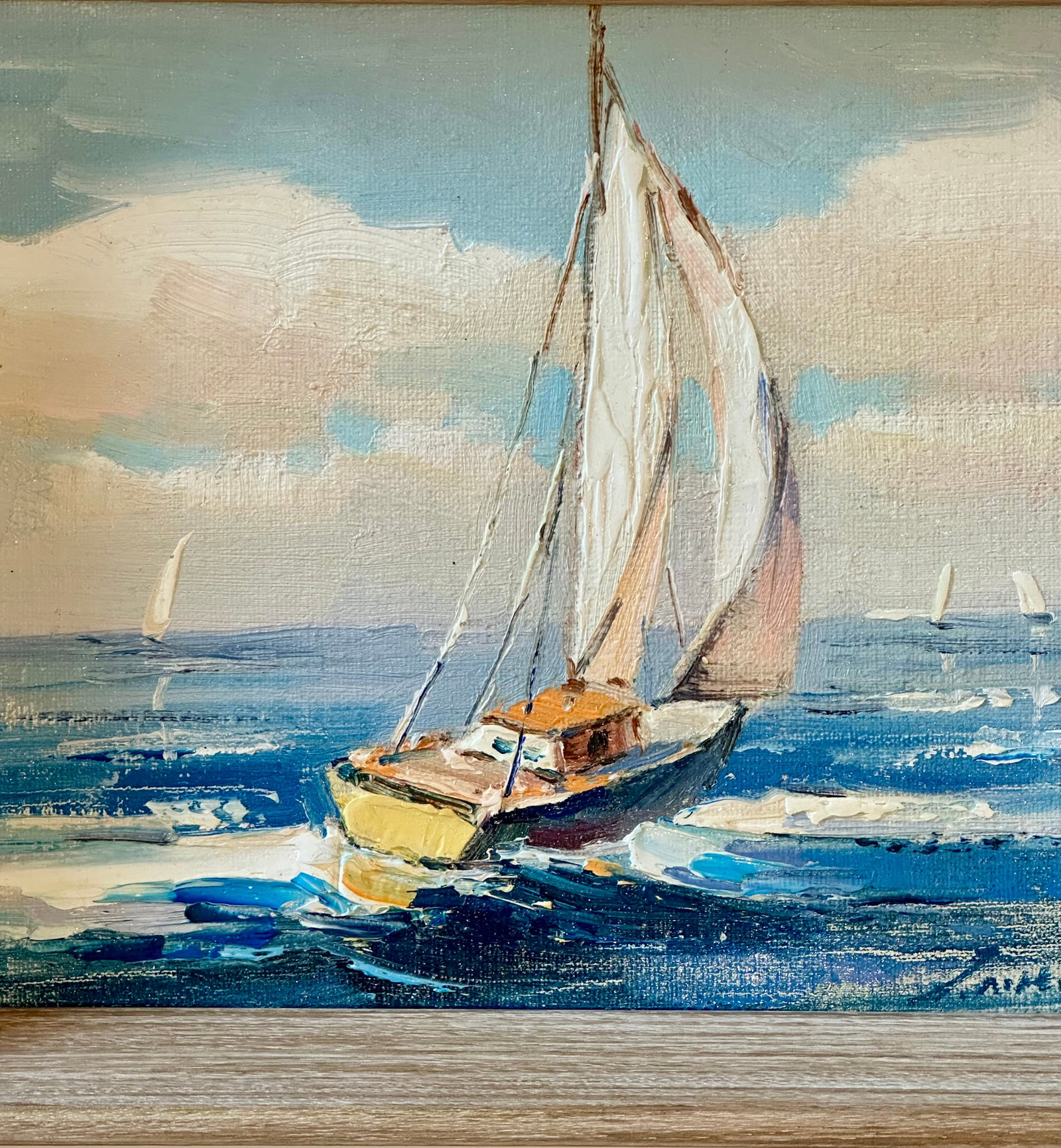 Sailboat Seascape Waves Original Oil on Canvas, by Alton (Framed) - 9