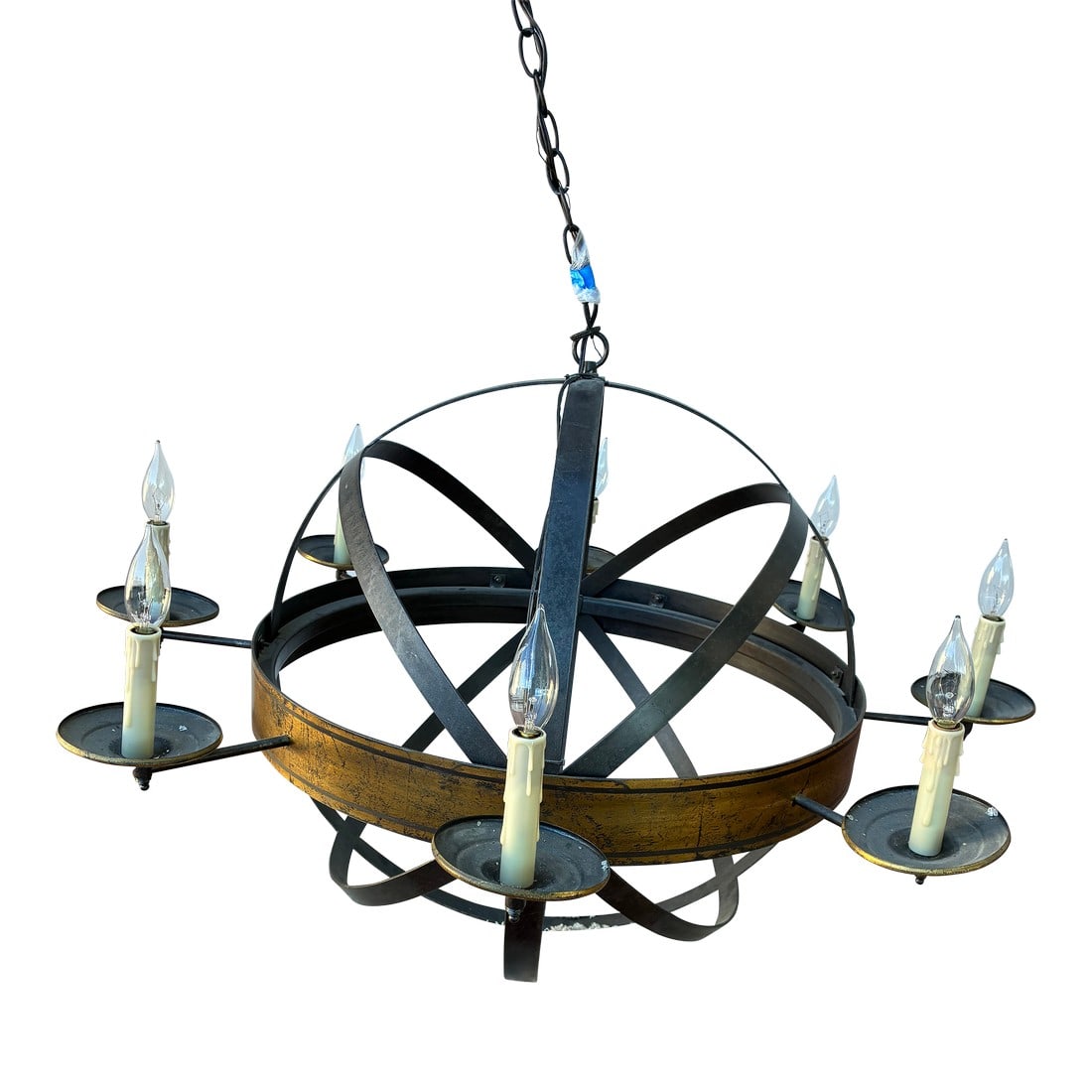 Mid 20th Century Metal Armillary Sphere Chandelier: This light fixture is a metal armillary sphere featuring a design inspired by ancient astronomical instruments.It features interlocking metal rings in an iron finish with a gold toned horizontal