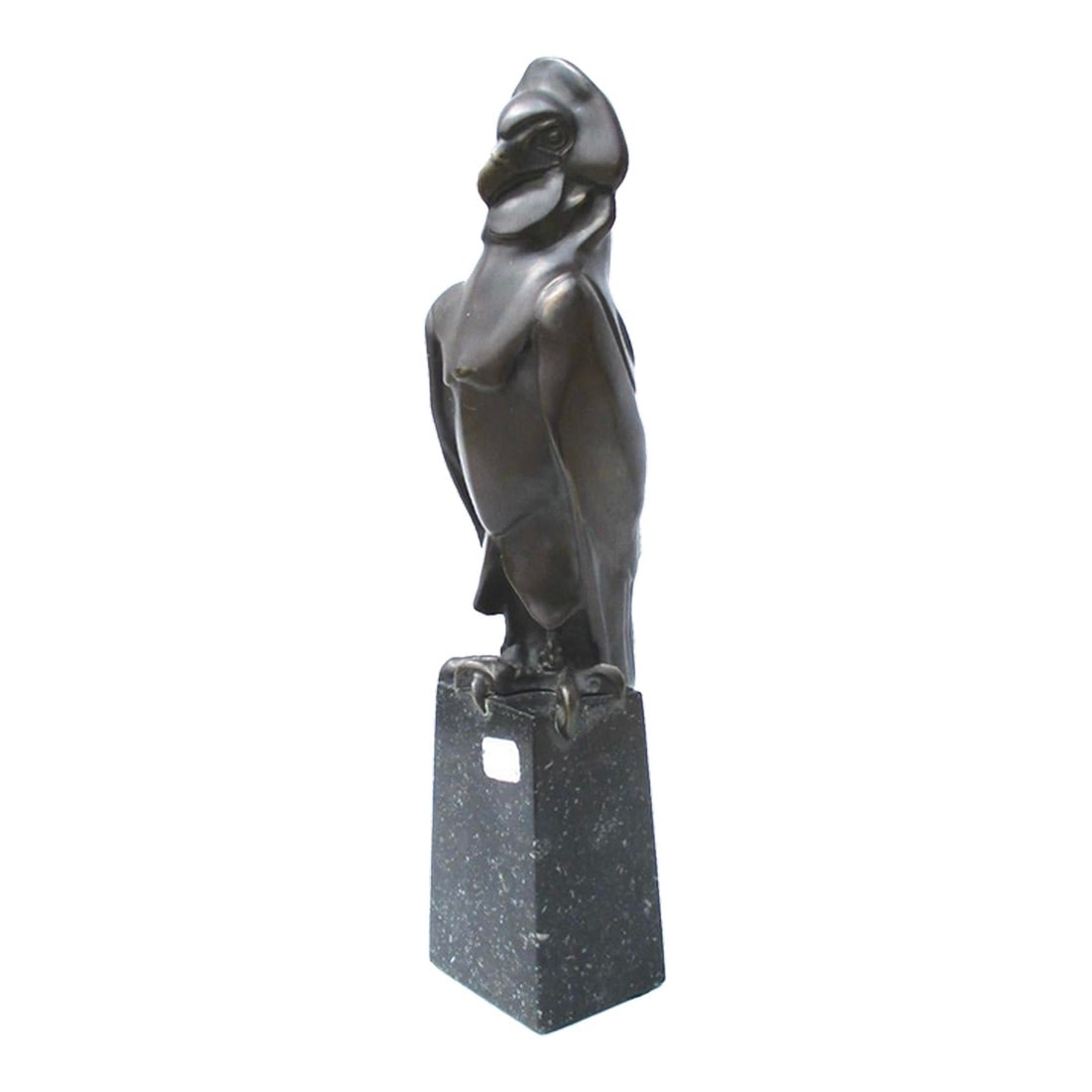 Art Deco Hunting Bird Sculpture on Porphyry Plinth: Early 20th century bronze of a crested bird of prey. Unsigned bronze on tapering porphyry plinth. Highly refined style of several early 20th-century European schools. Smooth volumetric shaped flowing 