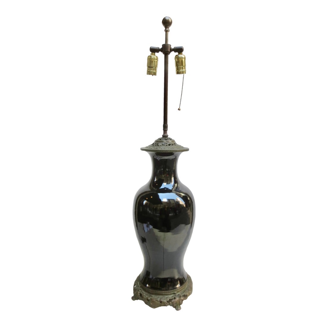 Chines Black Porcelain Lamp Circa 1920s: Antique Mirror Black glazed baluster vase with terrific bronze mounts, Double Edison sockets, with new wiring working very well. Pull chains and on/off in-line cord switch. The measurements are 21" ta