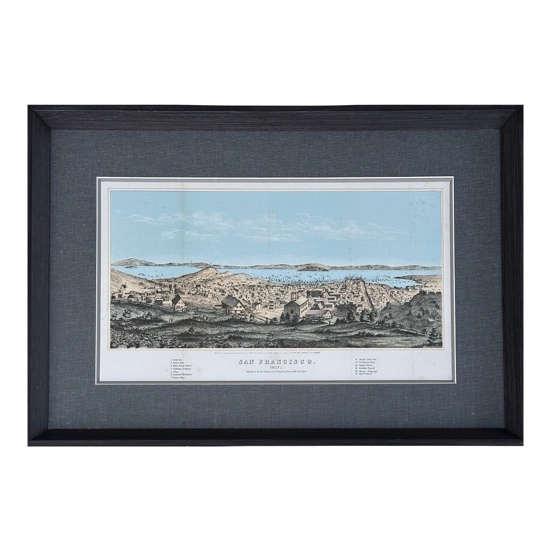 San Francisco City View & North Bay Original Lithograph by Henry Bill, 1856 (Framed): A rare and visually striking original hand-colored lithograph by Henry Bill, published in 1856, captures San Francisco at one of the most transformative moments in American history. Key landmarks and