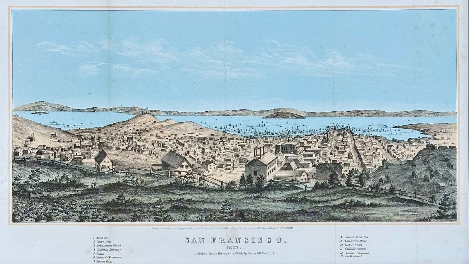 San Francisco City View & North Bay Original Lithograph by Henry Bill, 1856 (Framed) - 2