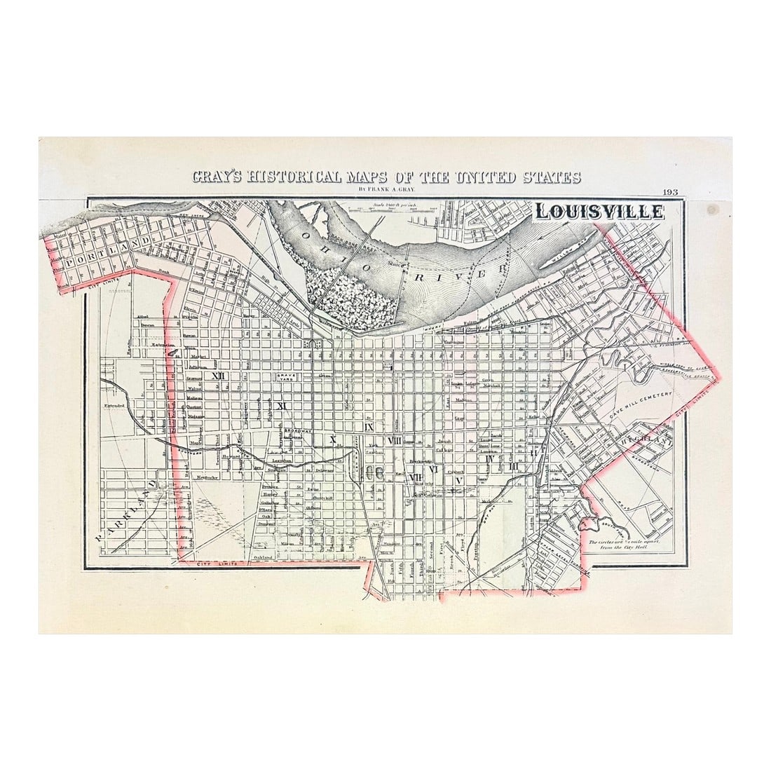 Louisville, Kentucky Original Map by Gray, 1856: Original steel engraving by O. W. Gray from Gray's National Atlas, Philadelphia. Gray's National Atlas was one of the most successful commercial ventures of the 1870s and one of the last to employ