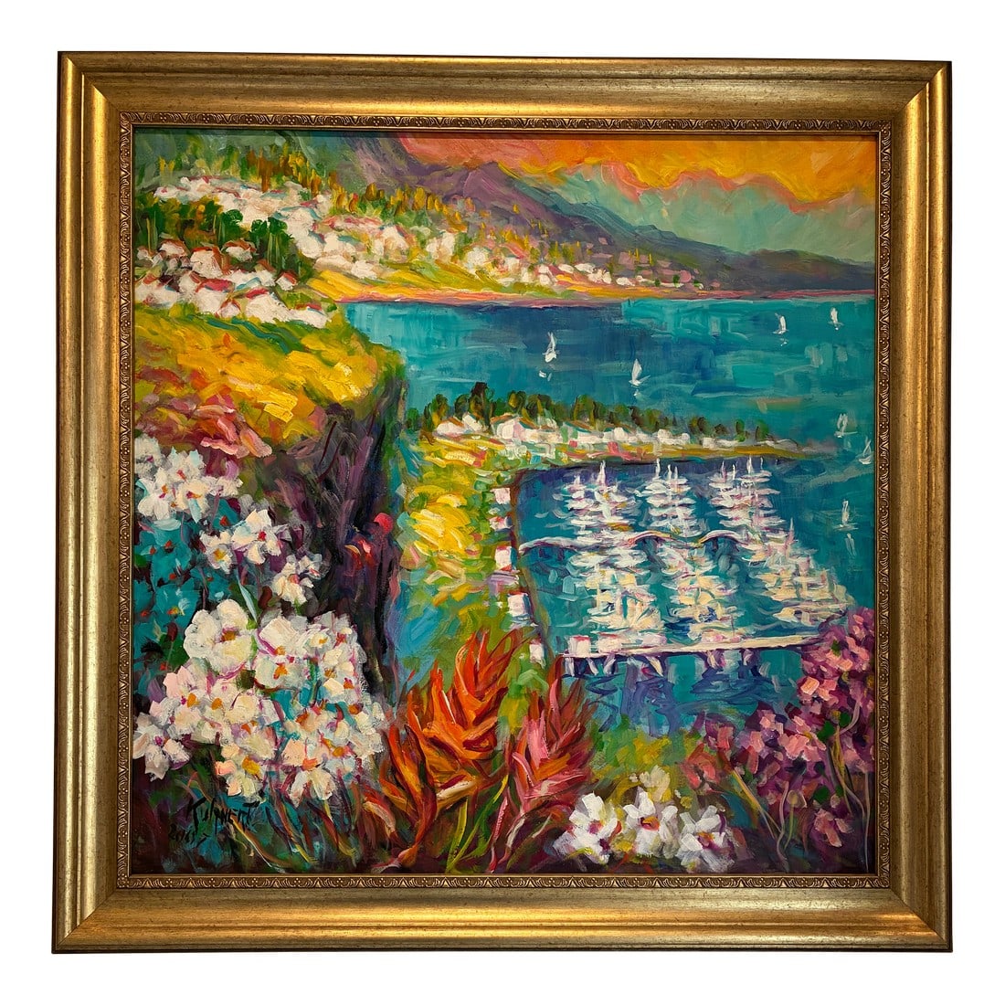 Manfred Kuhnert Oil Painting of Dana Point Harbor: Manfred Kuhnert was a well known oil painter that had his own gallery in Laguna Beach until he passed on a few years ago. This is a painting of Dana Point harbor from the hill above with the