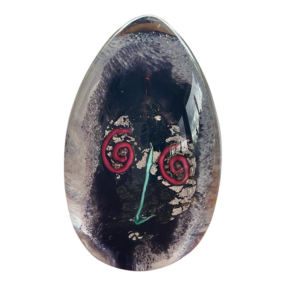 Signed Kerry Feldman Fine Line Studios Art Glass Double Face Sculpture: A striking signed Kerry Feldman Fine Line Studios art glass paperweight featuring a rare double-sided abstract face design. Handcrafted in clear sculptural form with dramatic internal metallic foil