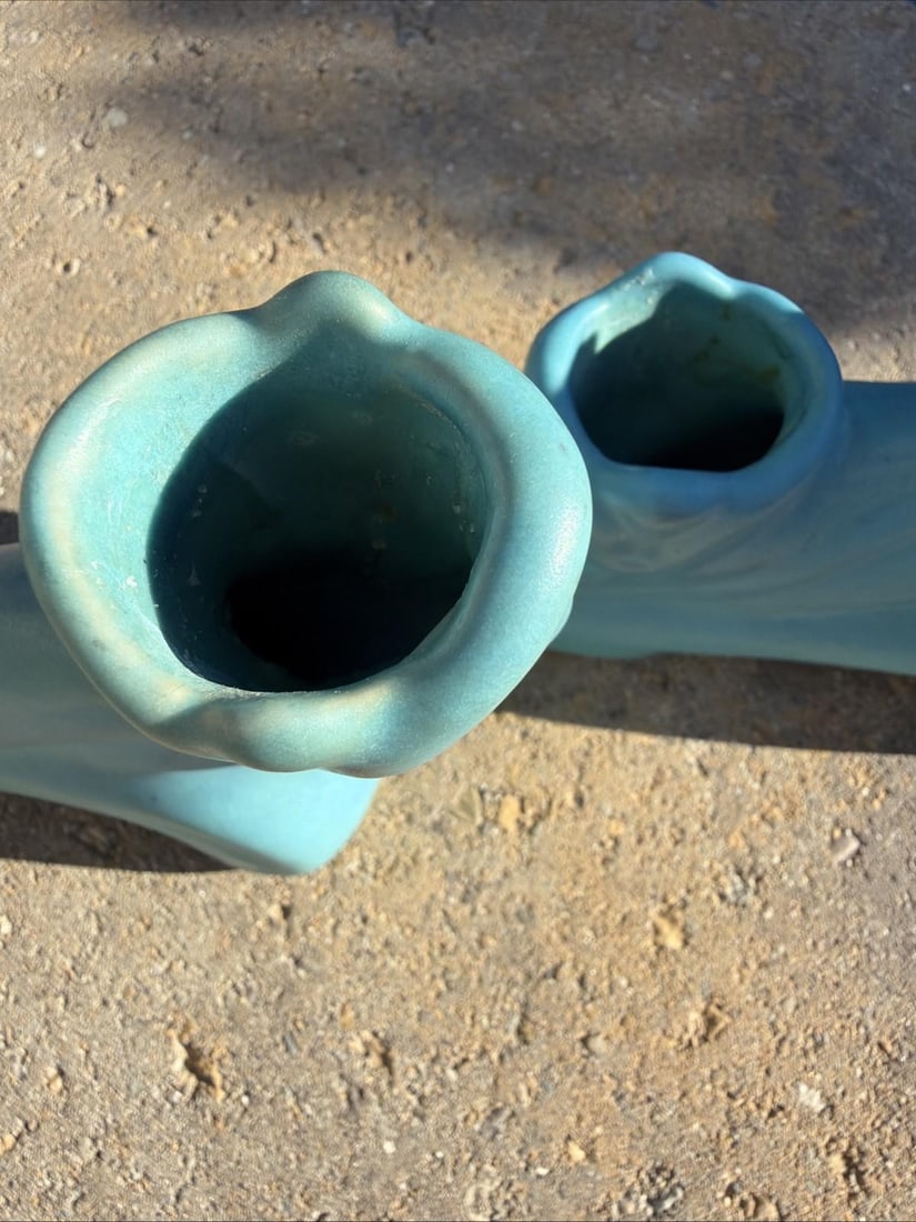 Antique Van Briggle Candlestick Holders Pair Matte Turquoise Colo Springs - 11